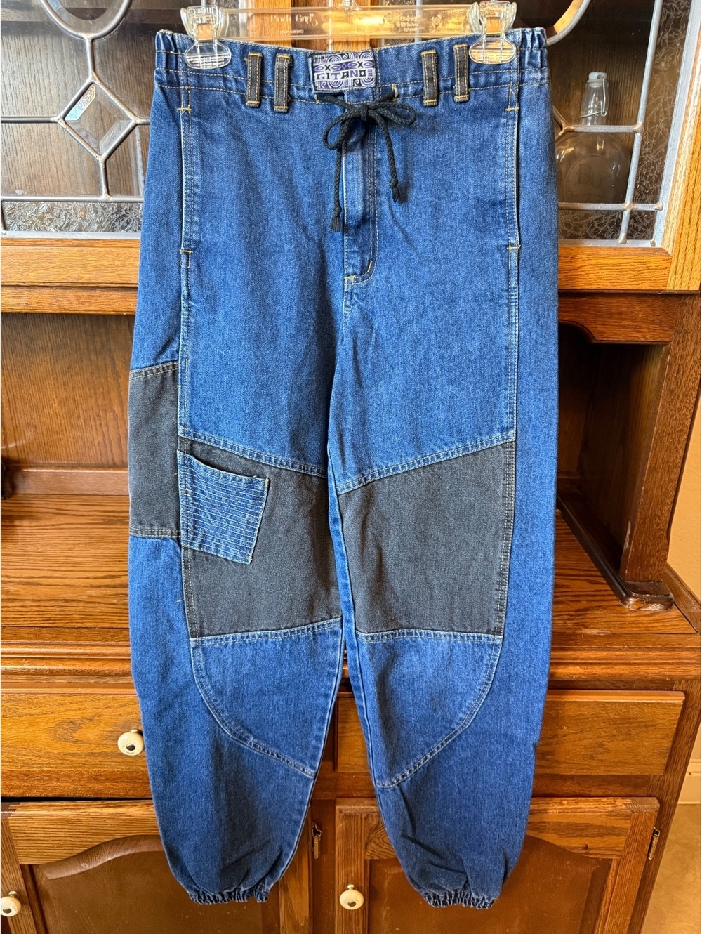 Vintage Gitano Blue Denim Cargo High Rise Joggers Size L Colorblock 90s